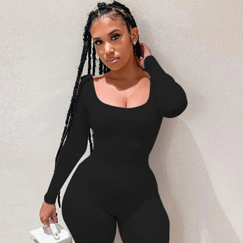 Deep Neck Long Sleeve Jumpsuit Skinny Black Stretchy Bodycon Jumpsuits Autumn Winter Women Fashion Streetwear Outfits Romp