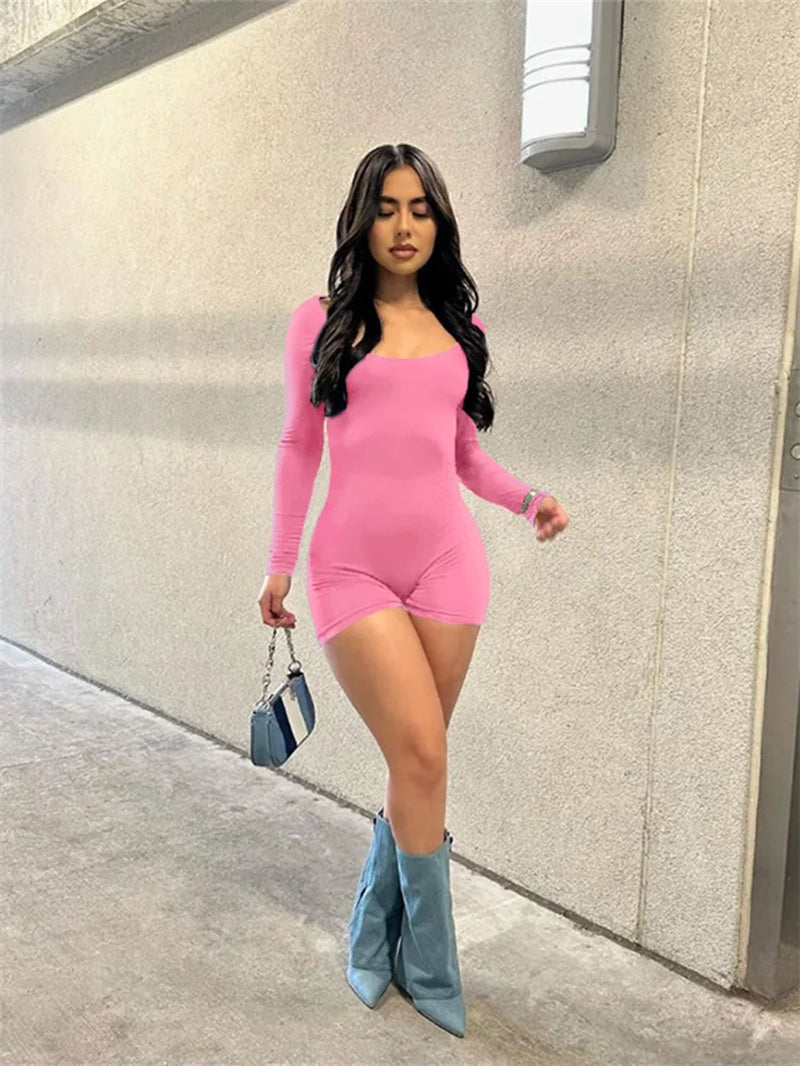 Streetwear Women 2023 One-Pieces Outfits Rompers Jumpsuit Summer Long Sleeve Fitness Backless Bodycon Red Pink Romper Playsuits