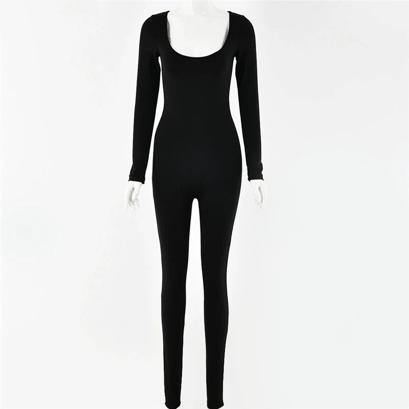 Deep Neck Long Sleeve Jumpsuit Skinny Black Stretchy Bodycon Jumpsuits Autumn Winter Women Fashion Streetwear Outfits Romp