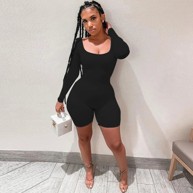 Deep Neck Long Sleeve Jumpsuit Skinny Black Stretchy Bodycon Jumpsuits Autumn Winter Women Fashion Streetwear Outfits Romp