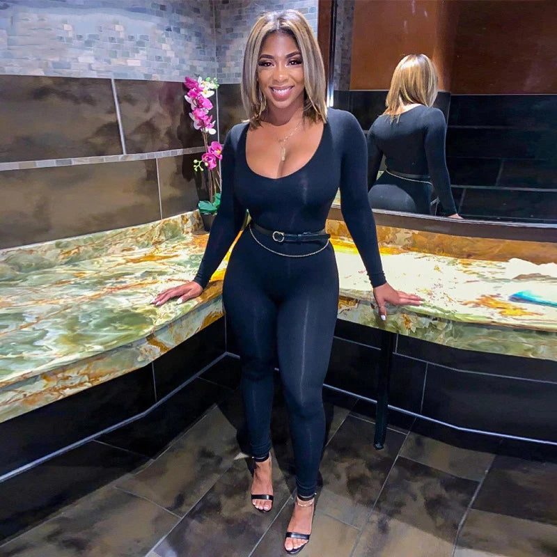 Deep Neck Long Sleeve Jumpsuit Skinny Black Stretchy Bodycon Jumpsuits Autumn Winter Women Fashion Streetwear Outfits Romp