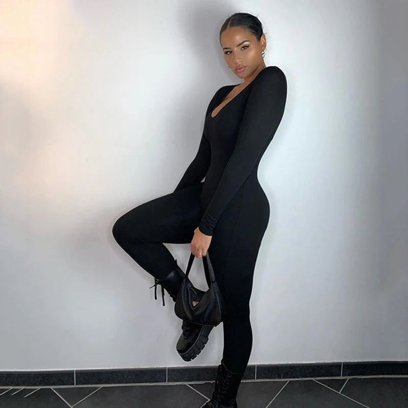 Deep Neck Long Sleeve Jumpsuit Skinny Black Stretchy Bodycon Jumpsuits Autumn Winter Women Fashion Streetwear Outfits Romp