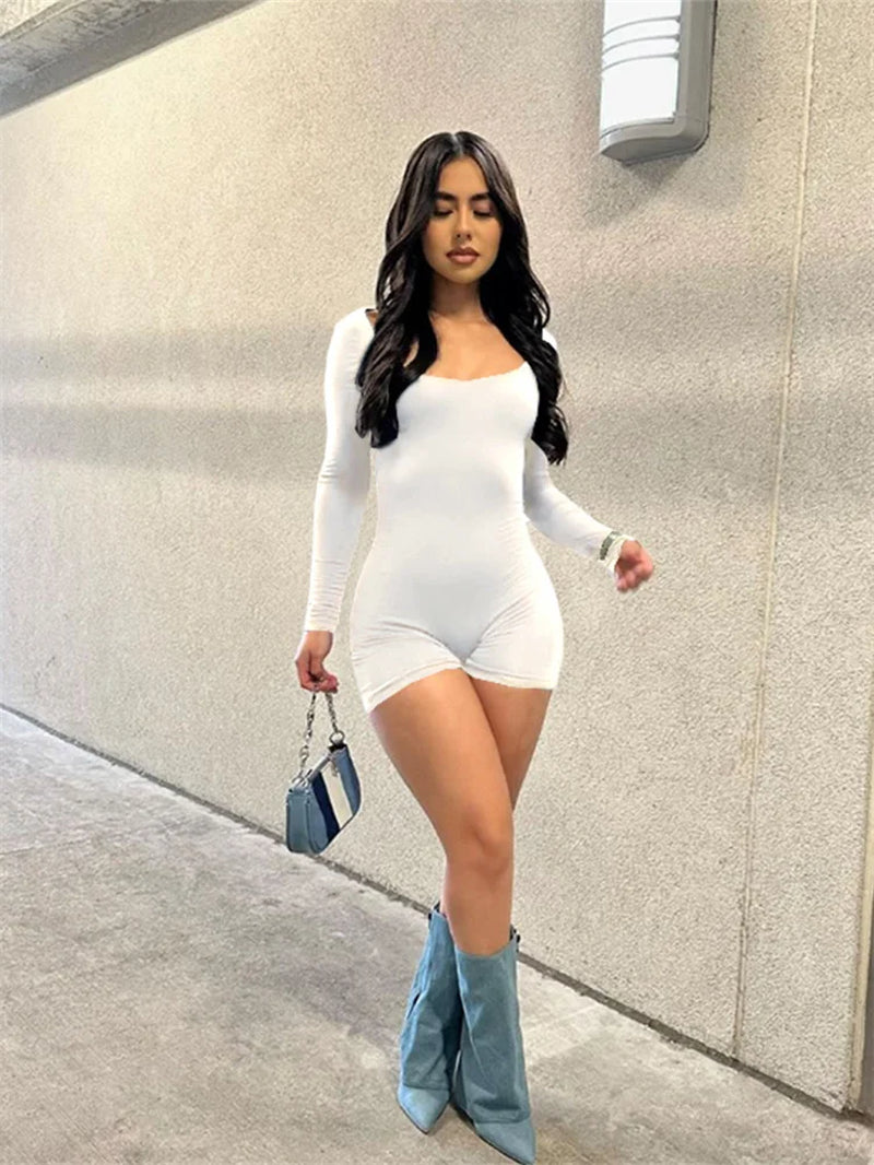 Streetwear Women 2023 One-Pieces Outfits Rompers Jumpsuit Summer Long Sleeve Fitness Backless Bodycon Red Pink Romper Playsuits