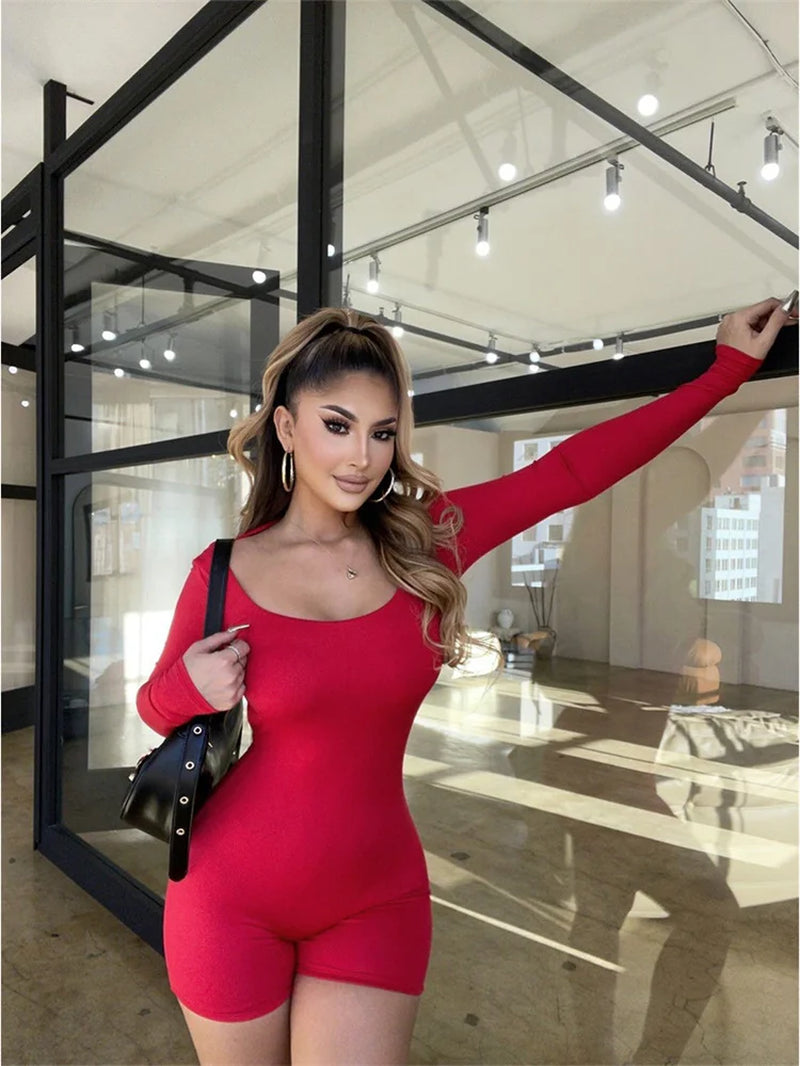 Streetwear Women 2023 One-Pieces Outfits Rompers Jumpsuit Summer Long Sleeve Fitness Backless Bodycon Red Pink Romper Playsuits