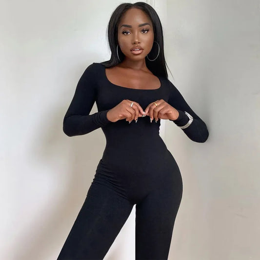 Deep Neck Long Sleeve Jumpsuit Skinny Black Stretchy Bodycon Jumpsuits Autumn Winter Women Fashion Streetwear Outfits Romp